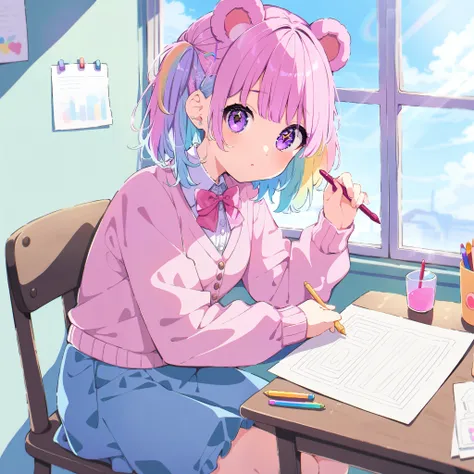 baby blue jean skirt with pink belt,pastel pink cardigan with buttons and a pastel pink bow,pastel multicolor hair, purple eyes, tiny bear ears, bear ears,pastel rainbow hair, star shaped eyes, sitting on wooden chair,drawing on table,looking at paper,hold...