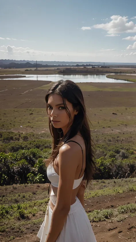 model, A modern woman from Mato Grosso, with a style combining practicality and elegance, reflecting life in the center-west. She wears clothes that blend urban and rural elements, in a setting highlighting the vast natural landscape.