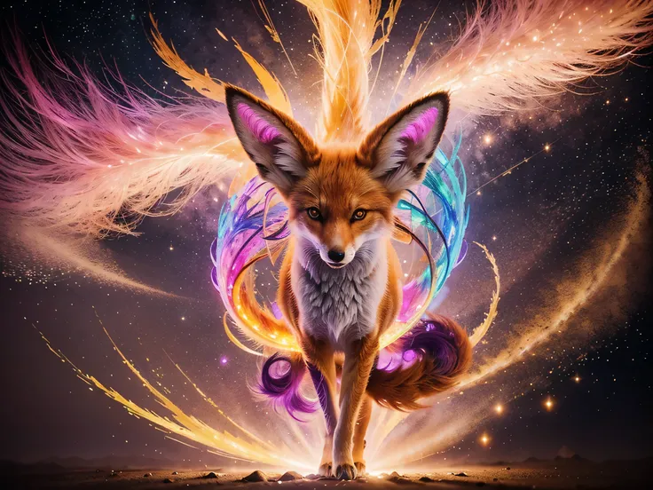 A kitsune with chromatic radiant fur, shimmering in hues of pink, purple, and gold, its nine tails gracefully waving in a watercolor painting. The main subject is a mythical fox spirit from Japanese folklore, depicted in a stunning piece of art. Every brus...