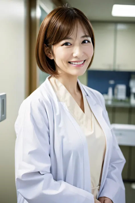 Photorealistic, high resolution, High resolution,Japan Beautiful Nurse, 44 years old, Mature Woman, Smile, White Lab Coat, whole body, hospital, ward