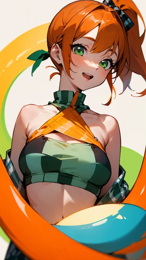 1 girl、anime painting、Orange Hair、Beautiful green eyes、Side Ponytail、Vibrant colors、black and white tube top bra、Gingham check tube top bra、My chest is a little visible、smile、Open your mouth、From the side、Upper body close-up