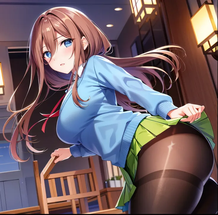 Masutepiece, Best quality, (highly detailed CG Unity 8k wallpaper) (Best quality), (best illustration), (Best Shadowiku Nakano, brown hair, blue eyes, classroom, beautiful detailed eyes, Looking at spectator,((blue cardigan)),((very short green pleated min...