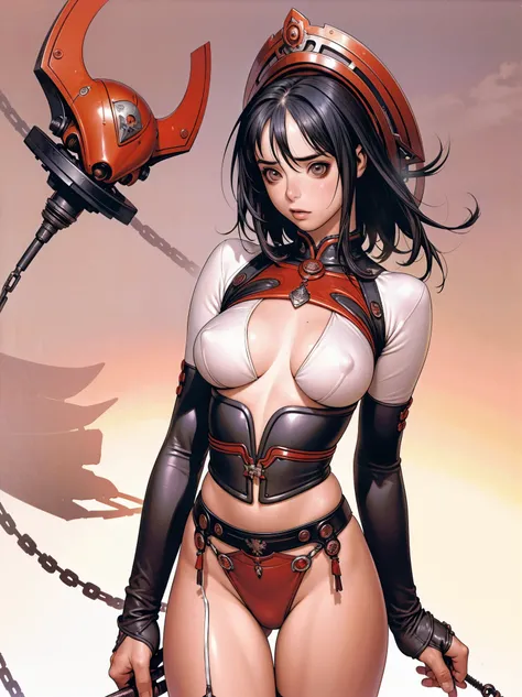 (best qualityer))), (((manga strokes))), (((krysten ritter))), woman red knight, (((red helmet))), metal panties, medieval albino girl, Barbed wire garter belt, breasts covered with a metallic chest protector shaped like bat wings, black hair with bangs, l...