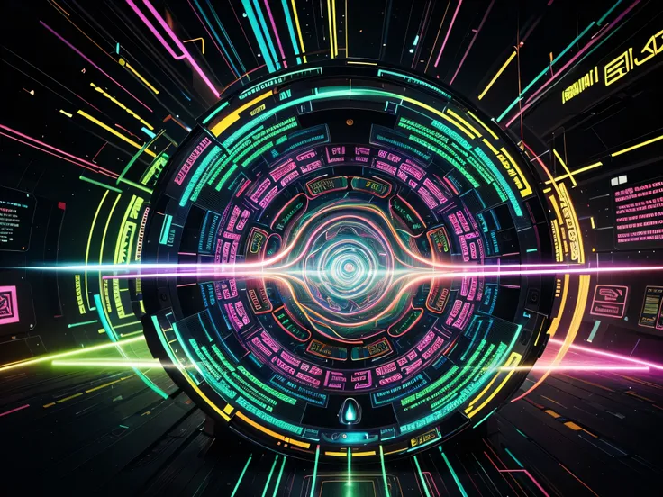 In a twisted display of data delirium, an algorithmic serpent of neon colors slithers through a digital realm, its coils interwoven with shining lines of code and glowing nodes pulsating with virtual energy. This concept art depicts a psychedelic fabled ne...