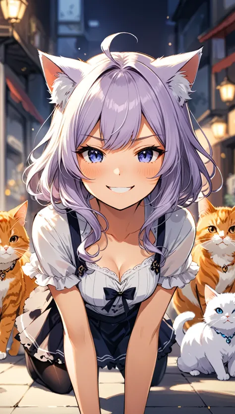 in style of Camilla dErrico
character concept design,(foreground blur, depth of field, background blur, dynamic blur:1.1),1girl,squinting smile,cat stretch