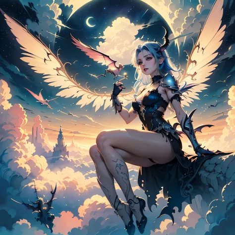 ((best quality)), ((masterpiece)), (detailed), alluring succubus, ethereal beauty, perched on a cloud, (fantasy illustration:1.3), enchanting gaze, captivating pose, delicate wings, symmetrical wings, otherworldly charm, mystical sky, (Luis Royo:1.2), (Yos...