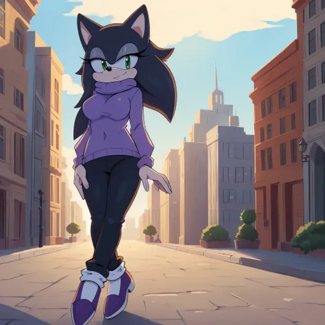 masterpiece, best quality, (tailvore), larvastd, 1girl, black pants, purple footwear, black footwear, solo, female wolf, ((sonic...