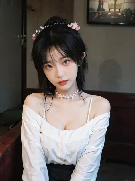 best qualtiy， Ultra-high resolution， （realisticlying：1.4）， 1girll， A pair of clear and moving peach blossom eyes,Royal sister，Off-shoulder white shirt， Black tight skirt， a black choker， （Faded gray-gray hair：1）， （：1.2）， looking at viewert， closeup cleavag...