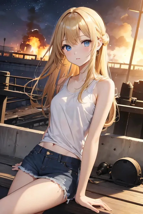 masterpiece、Highest quality、High resolution、1 girl、Blonde, blue-eyed beauty、Medium Hair、Straight Hair、Black tank top、sexy short jean skirt、Have a bomb、at night、Military base fence、Naval base on fire、Building on fire