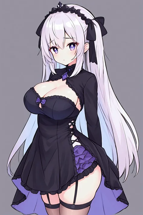 big breasts, vtuber, masterpiece, 1girl, black, streamer, blank background, concept art, standing still, sketch, one pose, blue pupils, purple eyes, older, black highlights in hair, arms to side 