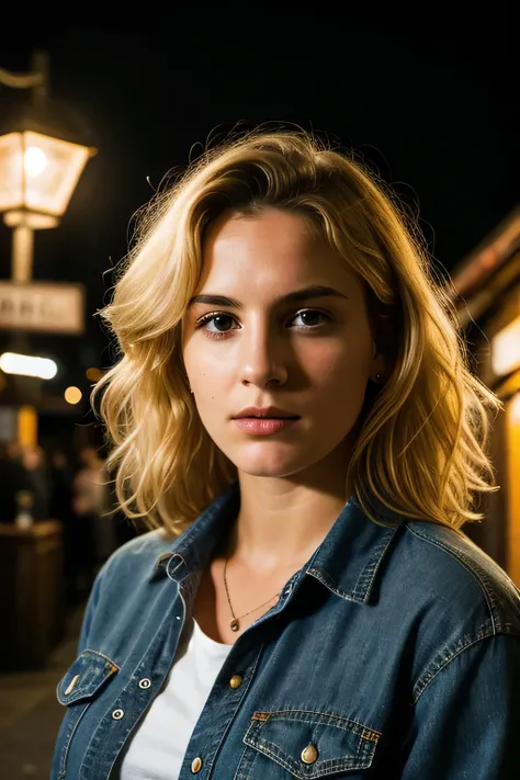 photograph of a woman, (disturbed facial expression), texturized skin, shiver, afro blonde hair, plaid flannel shirt with distressed boyfriend jeans, cowboy shot, in front of a mysterious pub with beautiful American-style illuminated panels, perfects eyes,...