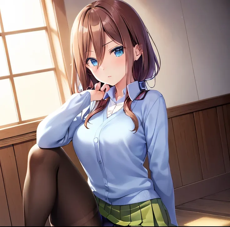 Masutepiece, Best Quality, (highly detailed CG Unity 8k wallpaper) (Best Quality), (Best Illustration), (Best Shadowiku Nakano, brown hair, blue eyes, classroom, beautiful detailed eyes, Looking at viewer, looking towards forward,((focus on breasts)), poin...