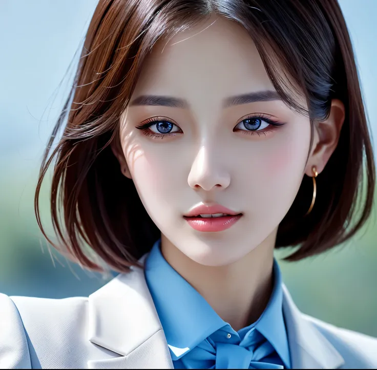 Close up portrait of woman in blue suit and white shirt, Elegant digital art, High-quality portraits, Shiny digital painting, Digital Art Images, Beautiful digital art, Elegant digital painting, Portraits of Korean female idols, Beautiful digital painting,...