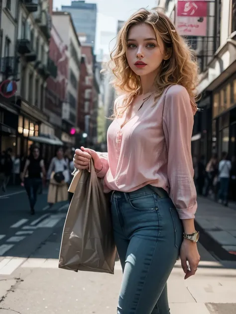 Caucasian woman, blonde hair, ((curly hair)), ((long hair)), ((olive green eyes)), ((lined eyes)), shiny eyes, ((highlights eyes)), red lipstick, (makeup), ((athletic body)), small breasts, (((legs))), (walking), in city, (many people), (blue jeans), (((pi...