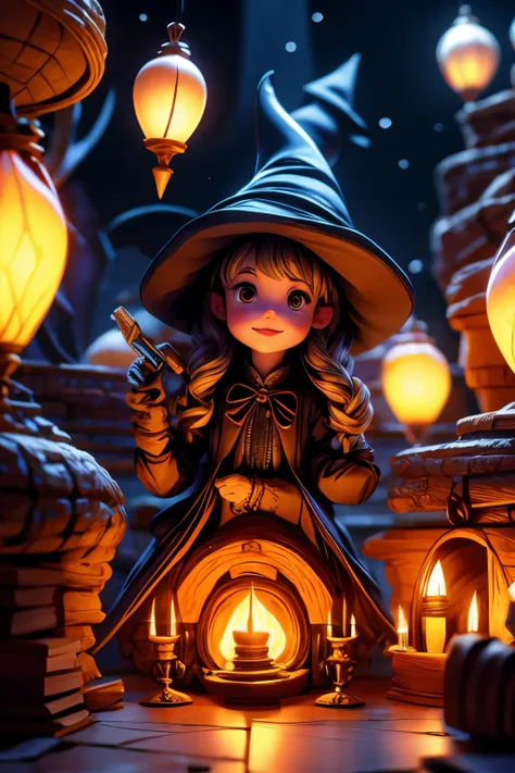 village realisticlying、a little witch make a spell fireworks、City of victorian age at night, Europe. aristocrat girl、Looking up from below