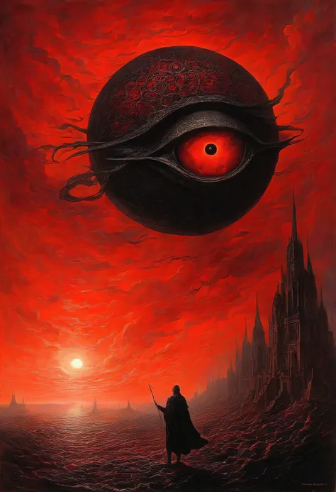 Mythical creatures, author:Zdzislaw Beksiński、Angel、Holy War、Big eye in the sky、Red/Black,Azathoth