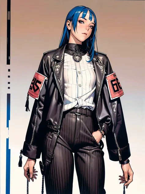 (best qualityer))), (((manga strokes))), (((black bob hair with straight bangs and blue highlights))), (((wide striped pants wit...