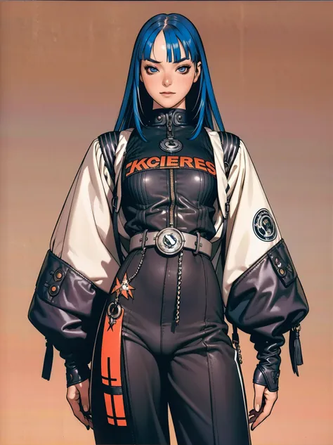 (best qualityer))), (((manga strokes))), (((black bob hair with straight bangs and blue highlights))), (((wide striped pants wit...