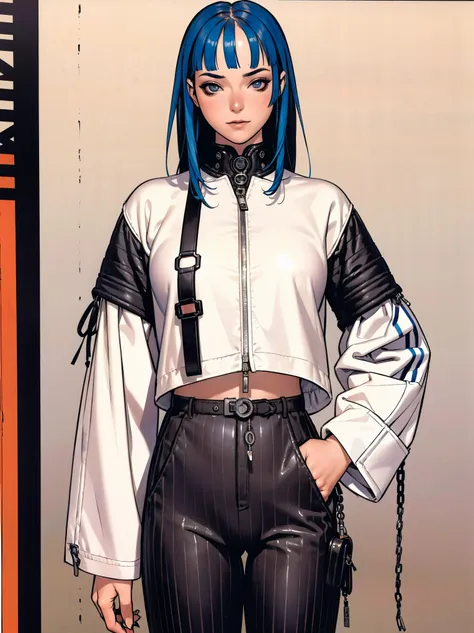 (best qualityer))), (((manga strokes))), (((black bob hair with straight bangs and blue highlights))), (((wide striped pants wit...