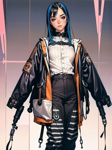 (best qualityer))), (((manga strokes))), (((black bob hair with straight bangs and blue highlights))), (((wide striped pants wit...