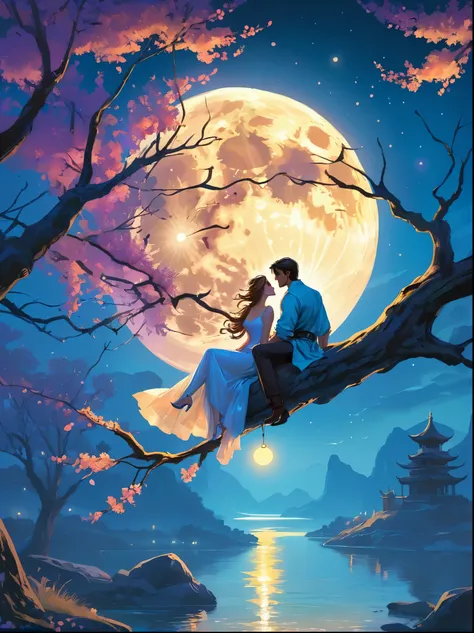 Romantic ancient style，night，Backlight，A man and a woman sitting on a tree branch，There is a big full moon behind，Alexander，Averin，Fresh colors，Soft colors，Diode light，Concept art style，Extremely complex details，Clear distinction between light and dark，Lay...