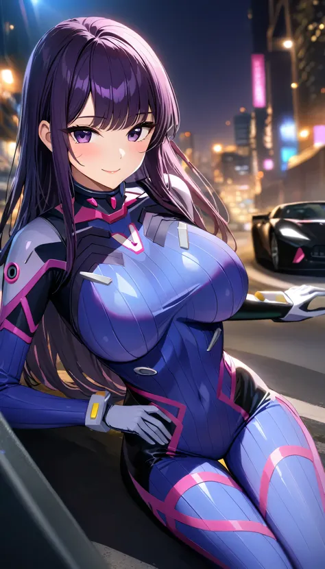 komi shouko wearing a d.va bodysuit, blue and pink bodysuit, purple hair, long hair, purple eyes, headphones, smiling, big breas...