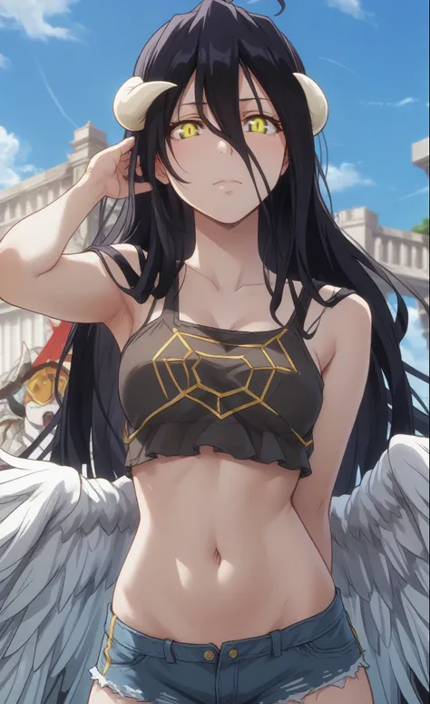 albedo, long hair, black hair, horns, demon girl, demon horns, albedo (overlord), hair between eyes, yellow eyes, slit pupils,top tank,shorts