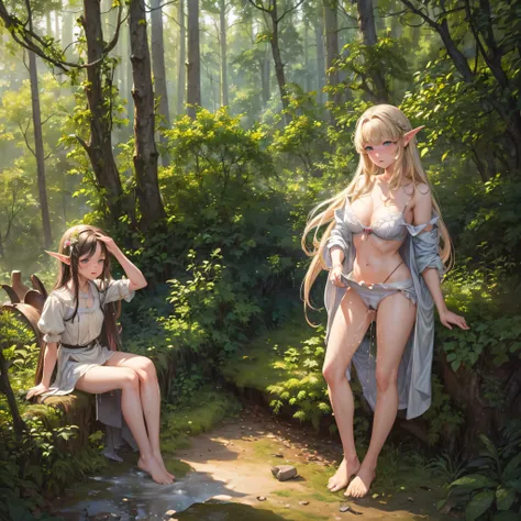 ((masterpiece,Highest quality;1.3,best illustration,realistic)), elf girls, 25 years old, blushing, mouths open in arousal, (incontinence, peeing:1.4)  pee stains, unexpected urination , wet panties, show your panties, ensemble in the forest,  campfire.