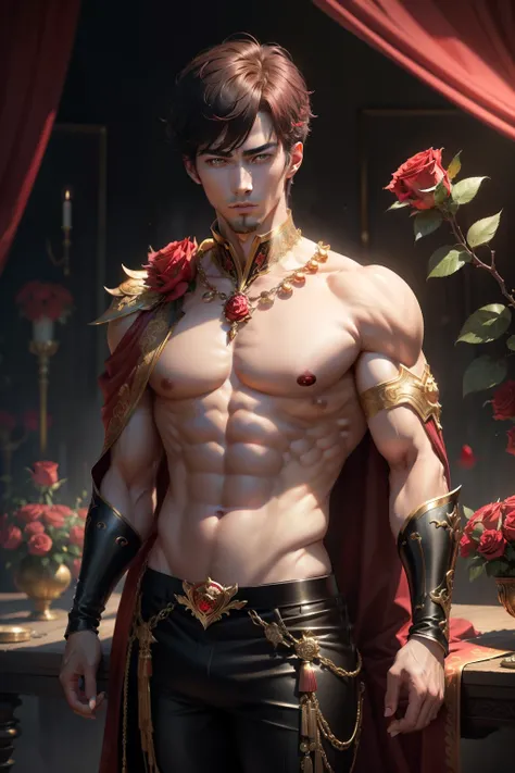 (8k,photorrealistic　RAW photograph　Maximum quality;1.4) (1 Korea boy) Super handsome king of the underworld　(lifelike face) 　(hair with red roses,  Short hair in the wind)　slenderbody　Muscular and macho　big pink eyes　Aristocratic metallic costume with red ...