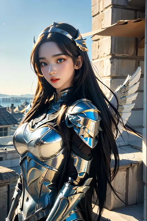 (l1vvydunne:.95), High angle photo of stunning young valkyrie woman in Stefan Kostic style, realistic skin texture,(Winged helmet:1.1), (valkyrie armor:1.2), 1 / 2 Body Crop, 8 5mm art lens, F 1. 2, sharp focus, 8k high definition, incredibly detailed, con...