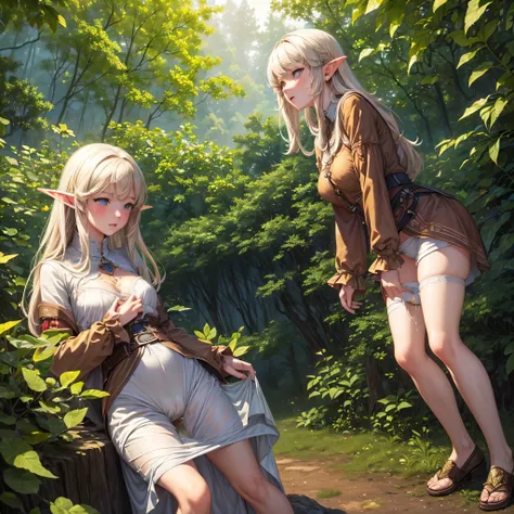 ((masterpiece,Highest quality;1.3,best illustration,realistic)), elf girls, 25 years old, blushing, mouths open in arousal, (incontinence, peeing:1.4)  pee stains, unexpected urination , wet panties, show your panties, ensemble in the forest,  campfire.