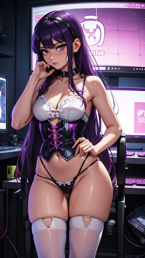 gamer girl, Komi Shouko, purple hair, headphones, embarrassing, looking at the camera, wearing gamer accessories, white corset, transparent wet white lingerie, showing her pussy, panties pulled to the side, legs open, thighhighs, in a room with gamer compu...