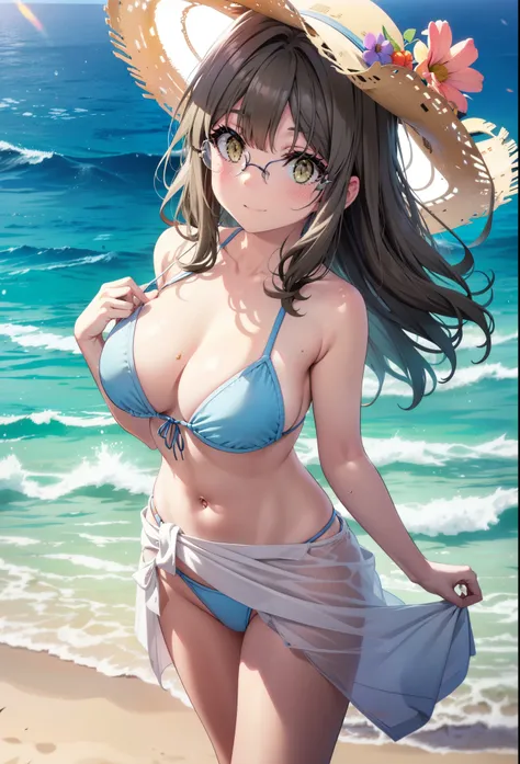 Riofutaba, Rio Futaba, Long Hair, Brown Hair, (Brown eyes:1.5),smile,blush,Glasses,Straw hat,Black bikini string swimsuit,Pareo Swimsuit,Belly button,A thin long skirt is wrapped around her waist,barefoot,Sandy Beachを散歩している,morning,morning陽,The sun is risi...