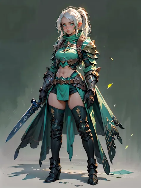 (((masterpiece, best quality, high detailed, 8k))) design a layout showcase gaming character, (1girl). elf, long silver hair, gr...