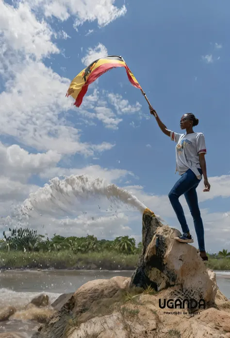 African lady holding a ((( FLAG OF UGANDA))), standing of a rock near a sea, very high detailed and clear image, providing a cinematic look like shot from a 70mm lens panavision camera, 32k high definition and high resolution images, unreal engine 5 render...