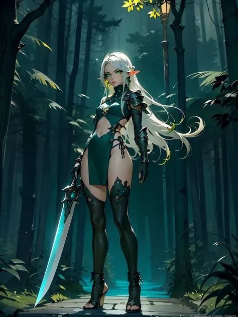 (((masterpiece, best quality, high detailed, 8k))) design a layout showcase gaming character, (1girl). long silver hair, green e...