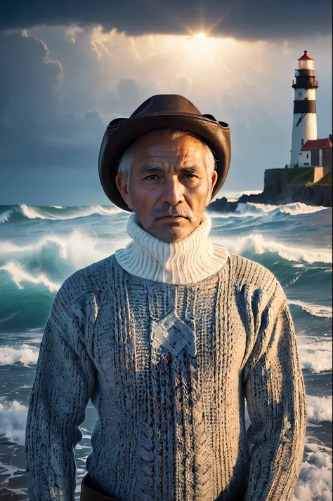 Portrait of a Tough Face (Old Fisherman:1.3), (Face Focus:1.5), (storm:1.2), (Wave:1.3), Ocean, (Lighthouse background:1.3), (Cowboy Shot:1.4), (Knitted sweater with white turtleneck:1.3), View your viewers, Realistic, masterpiece, Highest quality, Backlig...