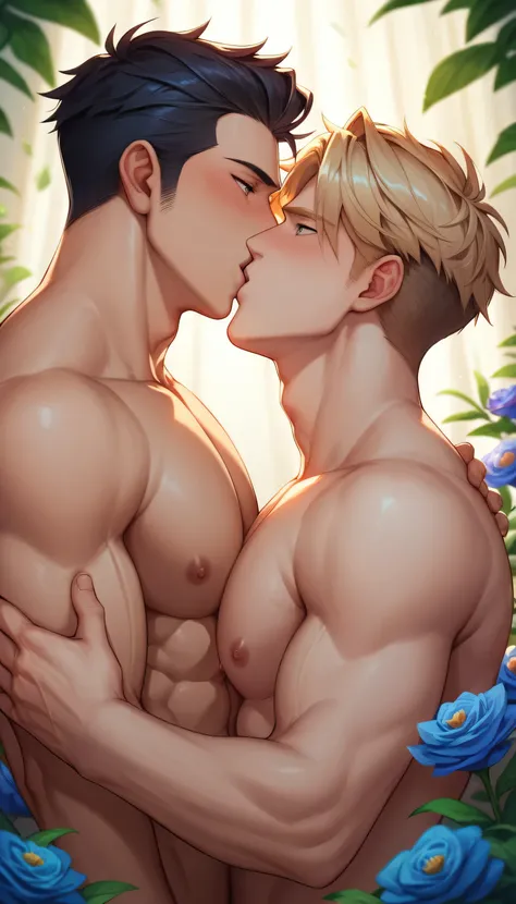 best quality, masterpiece, extremely detailed, sexy, homoerotic, 2 mature men, yaoi extremely handsome muscular bodybuilders, nude, amazing hair, kissing, looking directly at each other lovingly, their big erect cocks press against each other, in lush gard...