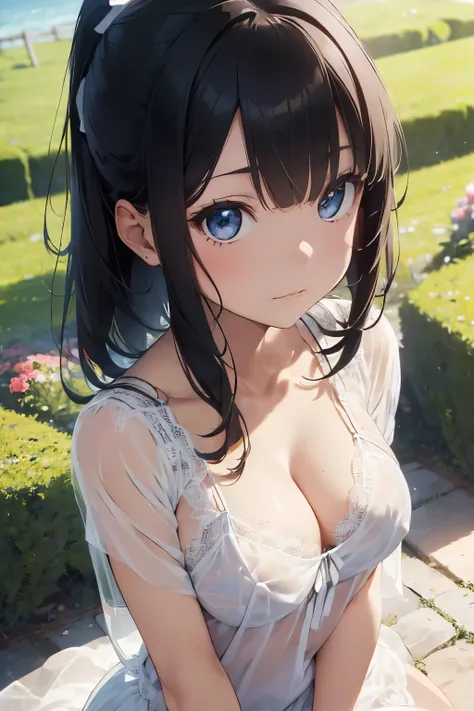 ((Top Quality)), ((Excellent)), (Details),,((Japanese)),10 years old, Black Hair,(Childish face),((Straight Hair)), shiny hair, 1 Girl ,((Moderate breasts)), ((Blue Eyes)),masterpiece, (half-smile), ultra realistic ,((Emphasize the cleavage)), Shoulder str...