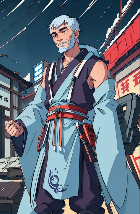 Japanese man, jovial expression, happy, content face, Japanese samurai haircut, wise old man, long thin beard, wrinkled face, glowing cybernetic implants, robotic arms, sleeveless blue kimono, dragon tattoos, cyberpunk aesthetic, high fantasy environment, ...