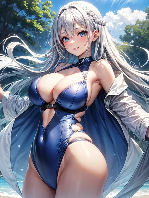 Anime girl in a swimsuit silver hair blue eyes big breasts white skin big breasts image from the waist up smiling in front