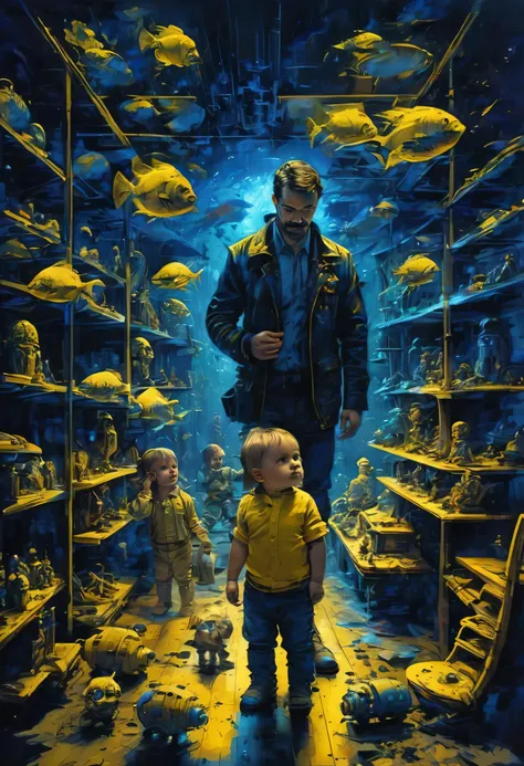 Young father with baby kid and children curating art, curator man, moustache, toys on shelves, high tech futuristic mysterious atmosphere, deep dark blue and golden yellow, 4D, 8K, photorealistic, dreamlike, big and complex composition storytelling, master...