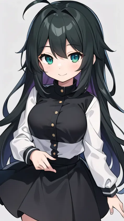 Junior high school student who looks like an elementary school student, 14 years old, very short, 140 cm tall, black hair with a slight green tinge, short ahoge, beautiful long hair but with a little hair sticking out, beautiful round eyes, blue eyes, smil...