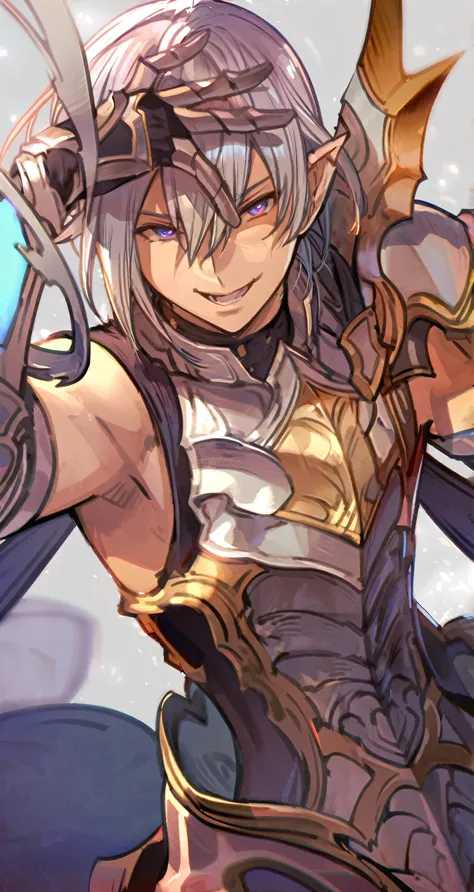 anime - style image of a male warrior with a sword, detailed key anime art, thancred waters, roguish smirk, from xenoblade chronicles, elf male paladin, crisp clear rpg portrait, shadowverse style, half plate armor, anime style, cool pose, high detail face...