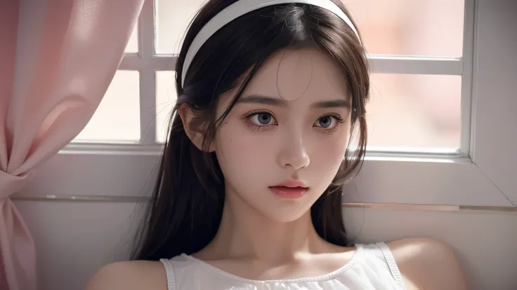 [Core Concept] A delicate anime-inspired girl wearing a soaked pink outfit.

[Character Description] A petite, youthful-looking girl with dark hair and a ribbon headband. Her facial features are beautifully proportioned, with striking eyes, a delicate nose...