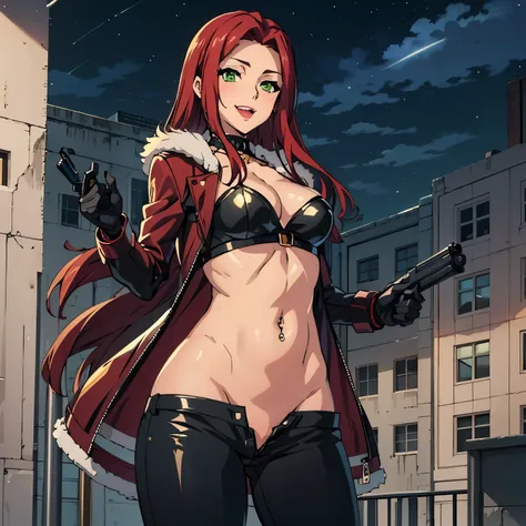 Malty, bitch, red hair, beautiful face, green eyes, , evil smile, smile, blush, lipstick, long hair, fur trim, mature female, gloves, fur-trimmed coat, outdoors, rooftop, cityscape, building, railing, night, night sky, scenery, city lights, lipstick, maste...