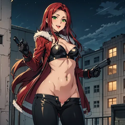 Malty, bitch, red hair, beautiful face, green eyes, , evil smile, smile, blush, lipstick, long hair, fur trim, mature female, gloves, fur-trimmed coat, outdoors, rooftop, cityscape, building, railing, night, night sky, scenery, city lights, lipstick, maste...