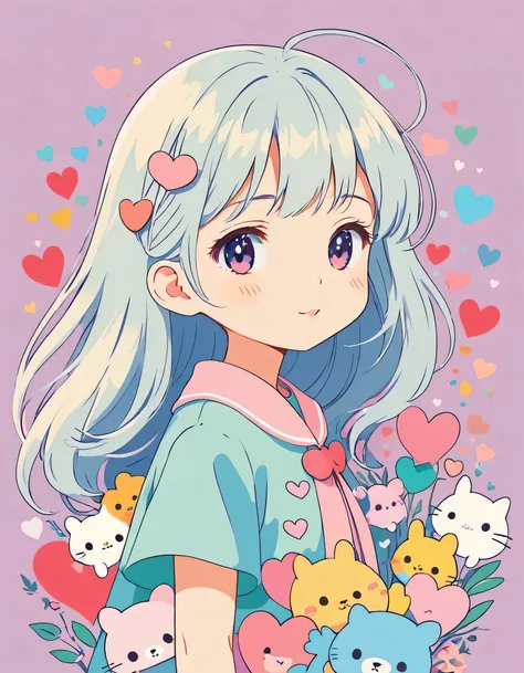 Masterpiece, Hayao Miyazaki pastel color style, Simple line initials，Abstract art，Kawaii Design, The most beautiful girl of all time, (((chibi))), Colorful Hearts, logo