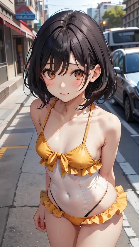 Highest quality、Realistic、woman、zoom、Orange eyes、Short black wavy hair、Glossy white swimsuit、Blue and gold accents、thin、Dark Skin、Flat Chest、Inappropriate smile、Busy Street、Bust Shot、