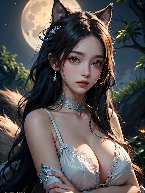 [Core Concept] A beautiful young womans confession of being a werewolf, as her transformation begins under the light of the full moon.

[Character Description] The young woman, once pure and demure, now exudes a sensual, captivating allure as her werewolf ...